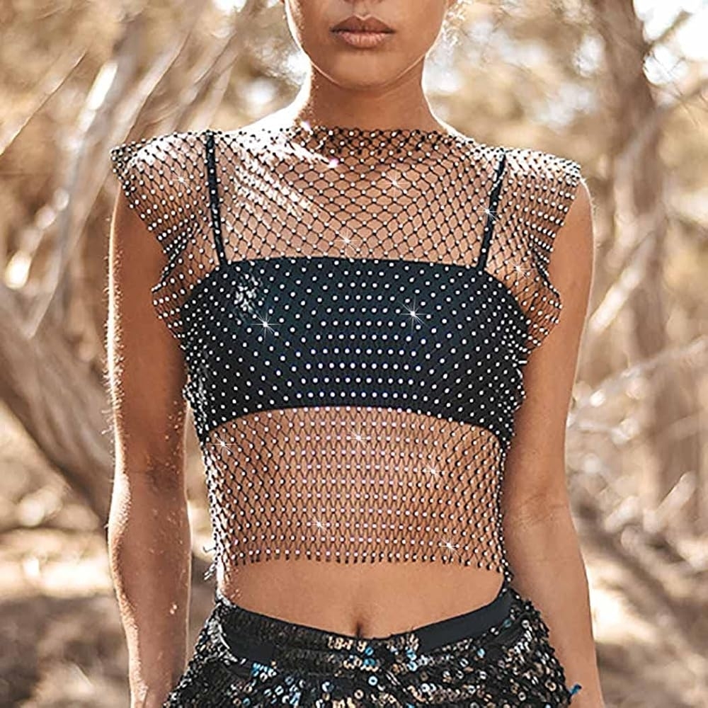 Black Mesh Rhinestone Crop Top